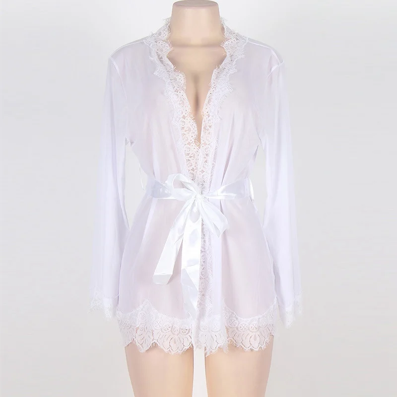 Кружевное платье размер XXL сексуальное женское мини-платье Атласный халат одежда для невесты нижнее белье-кимоно женские топы и блузки - Цвет: Белый