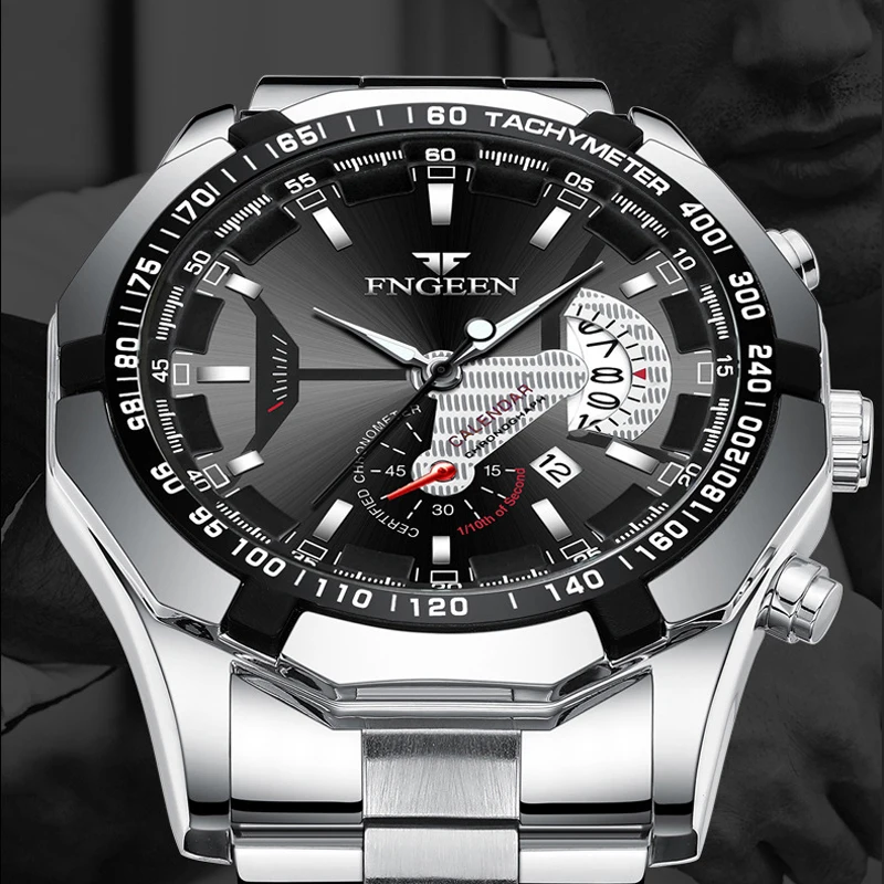 FNGEEN Luxury Men's Watches Stainless Steel Band Fashion Waterproof Quartz Watch For Man Calendar Male Clock Reloj Hombre S001