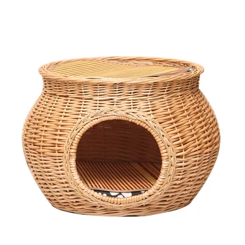 

manual Rattan Cat House Natural wicker weaving cat nest accessories Durable green with Thick mat for big pet