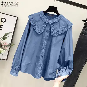 

Spring Work Tunic Tops ZANZEA Women Lace Patchwork Blouse Vintage Casual Solid Lapel Long Sleeve Button Down Shirt Female Blusas