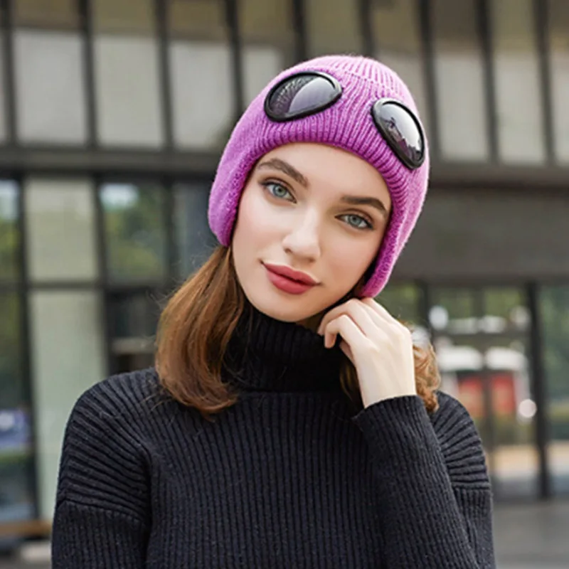 RUHAO двойная утолщенная зимняя вязаная шапка теплая шапочки Skullies Лыжная шерстяная шапка и очки для мужчин и женщин - Цвет: 7