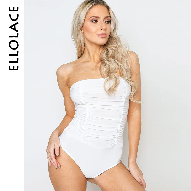 

Ellolace Strapless Elegant Bodysuit Women Ruched Rompers Bodycon Overalls Fashion Solid White Casual Female Slim Ladies Bodys