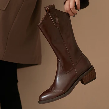 

Genuine Leather Winter Newest Mid-Calf Boots Round Toe Platform Chunky Heels Pumps Basic Shoes Woman size 40 41 42