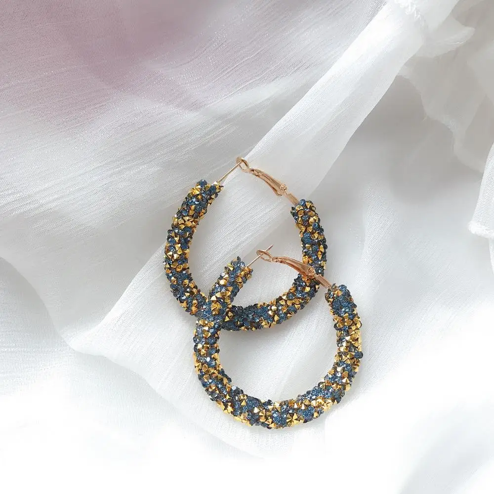 Gold Blue Дизайн, модный очаровательный австрийский хрусталь, серьги-кольца, геометрические круглые блестящие стразы, большие серьги, ювелирные изделия для женщин - Окраска металла: Gold Blue
