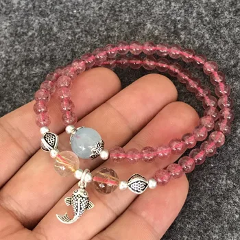 

Natural Strawberry Quartz Two Circle Beads Bracelets With Aquamarine Beads Tiger-eye Beads S925 Sliver Fish Stars Moon For Women