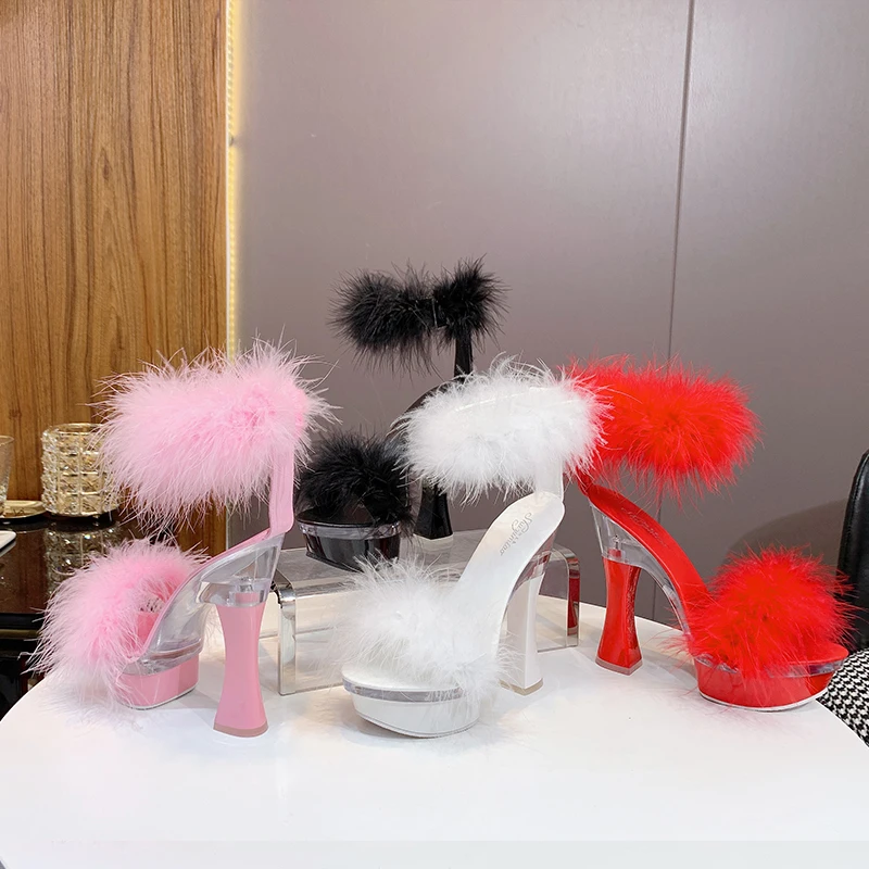 2020 New 4 Color Feather Thick High Heels Platform Sandals Women 14cm 17cm Heels Shoes Female Summer Hair Wedding Pumps WS311 2020 New 4 Color Feather Thick High Heels Platform Sandals Women 14cm 17cm Heels Shoes Female Summer Hair Wedding Pumps WS311