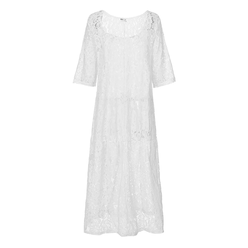 Летнее платье женское винтажное открытое Кружевное белое Макси длинное платье VONDA Женский Повседневный стиль, расклешенный рукав Праздничная Вечеринка Vestido S-5XL