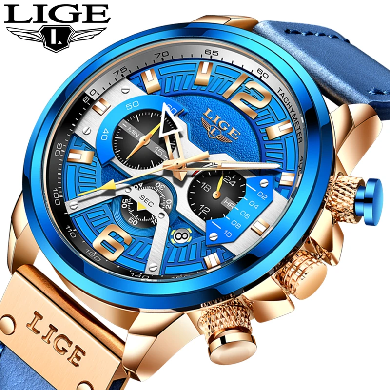 LIGE Mens Watches 2021 New Luxury Leather Watch For Men Waterproof Quartz Clock Male