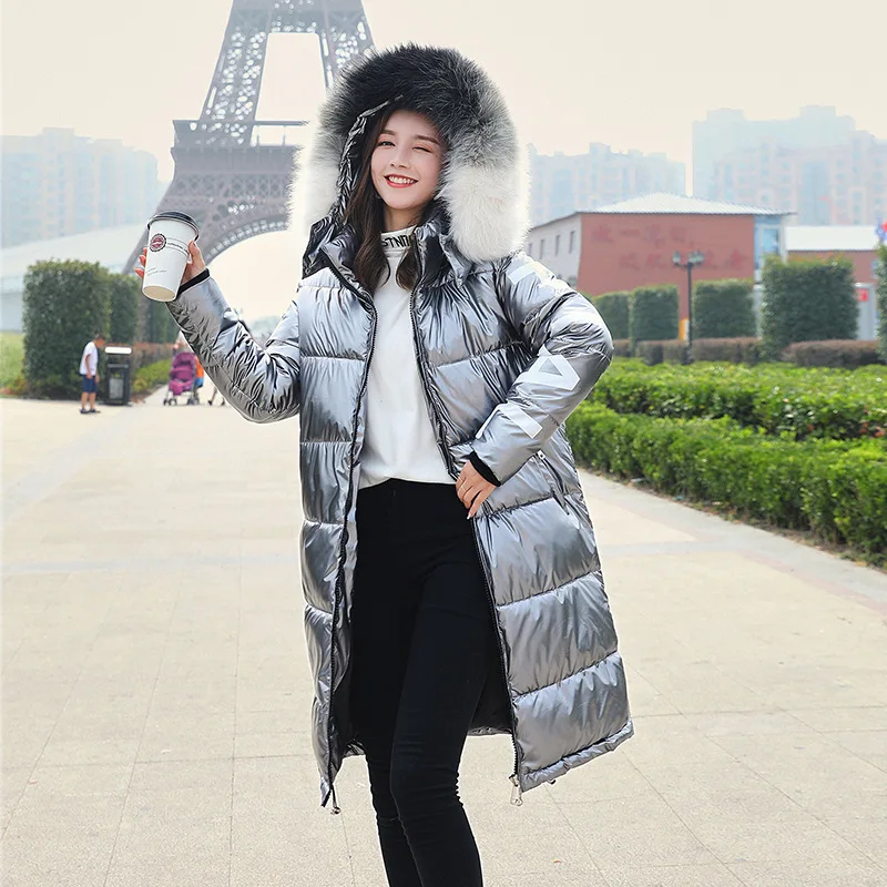 gray jacket FORERUN, Большая Меховая куртка с капюшоном, Женское зимнее длинное пальто, женская Повседневная парка с буквенным принтом, утепленная хлопковая стеганая куртка, Chaqueta Mujer - Цвет: gray jacket