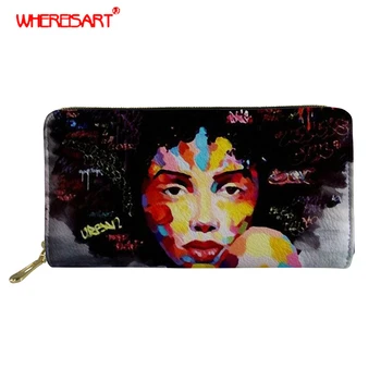 

WHEREISART Long Wallet Women Purses Abstract Art African American Women Card Holder Wallets Female Clutch Money Bag PU Leather
