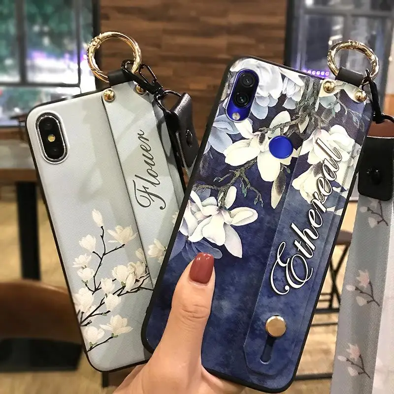 

Lanyard Phone Case For Xiaomi Redmi Note 7 / Note 7 Pro Flower Series Delicate Painted TPU Silicone Cover Shockproof Phone Holde
