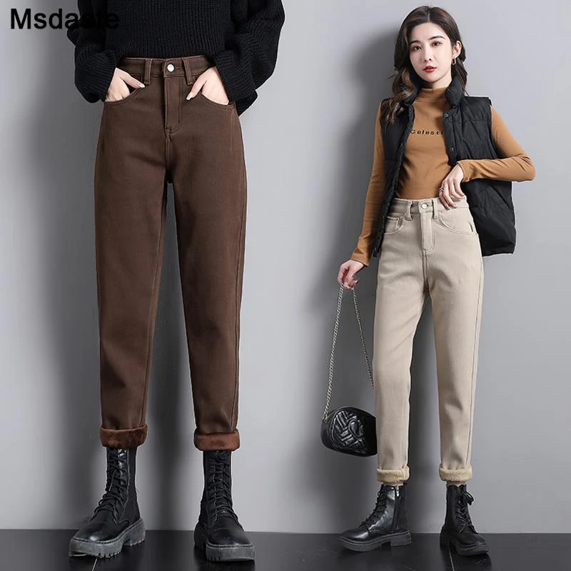 

Winter Jeans Women Stretchy Elastic High Waist Casual Velvet Thick Warm Pencil Pants Cotton Trousers Ankle-length Woman Jeans