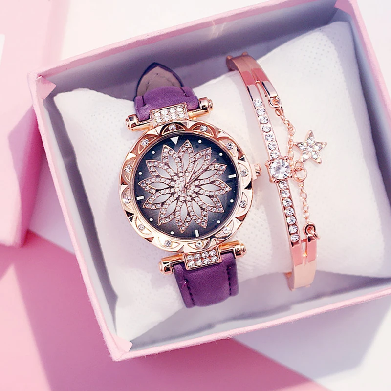 Женские часы браслет набор бриллиантов звездное небо цветок женские наручные часы браслет повседневные кожаные кварцевые наручные часы