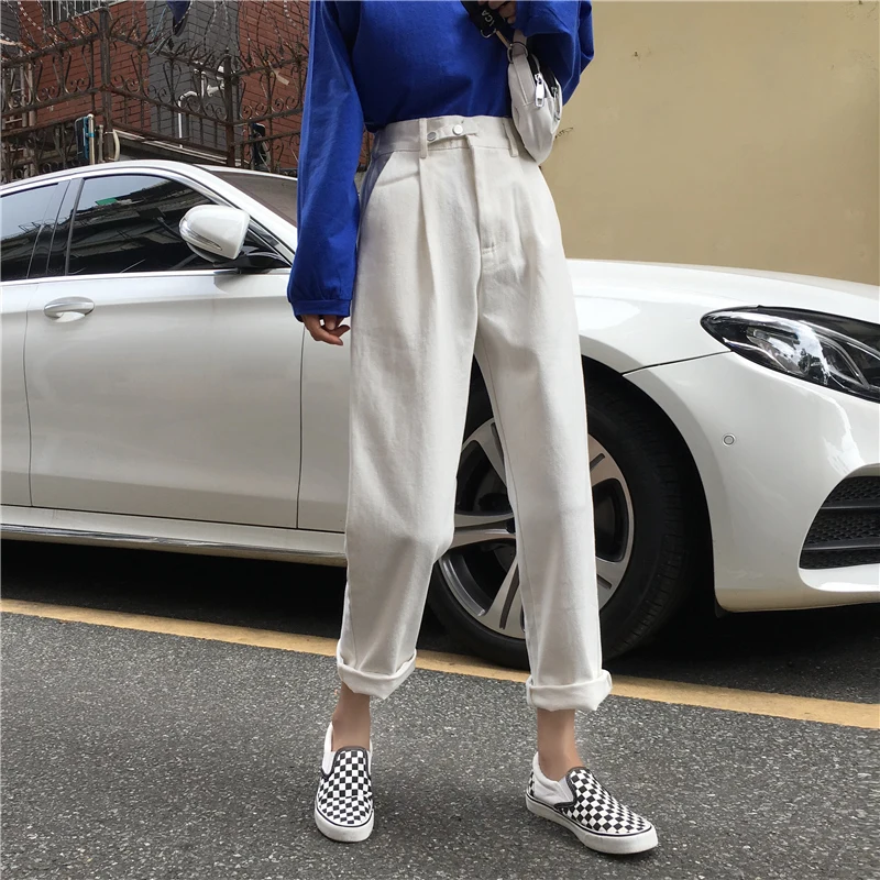 Jeans Women BF Straight Loose Solid High Waist Simple All-match Chic Casual Womens Trousers Harajuku Korean Pockets Fashion HOT