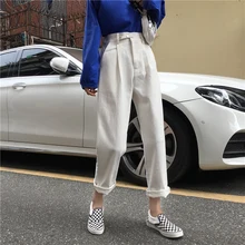 Jeans Women BF Straight Loose Solid High Waist Simple All-match Chic Casual Womens Trousers Harajuku Korean Pockets Fashion HOT
