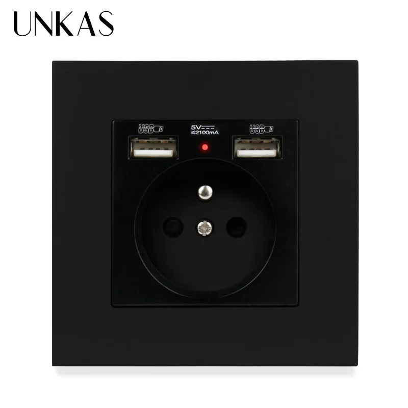 

UNKAS Black Plastic Panel French Standard Electrical Wall Socket With 2 USB Outlet Charger Adapter 86*86mm