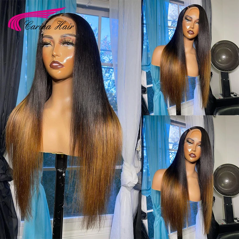 Straight 180% Ombre Brown Color Lace Frontal Wigs 13x4 Front Human Hair Brazilian For Black Women PrePlucked Wig | Шиньоны и парики