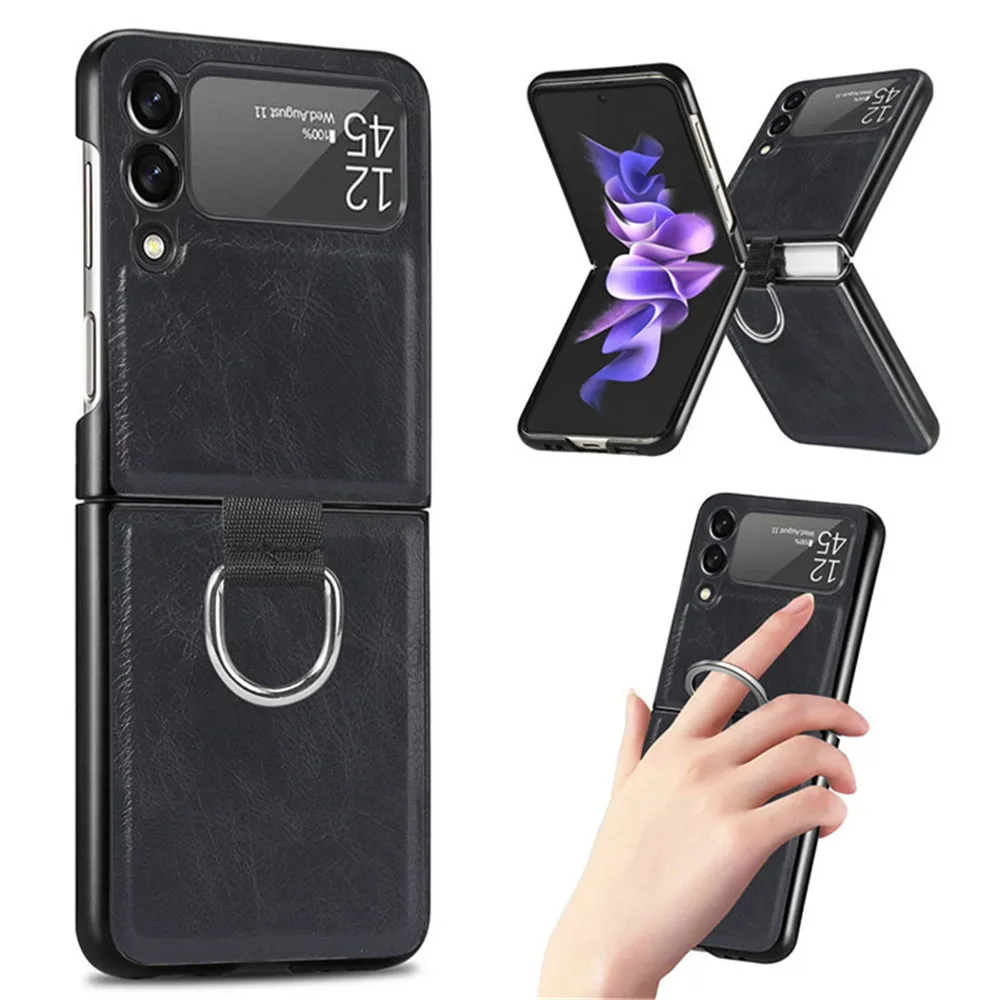Per Samsung Galaxy Z Flip 4 3 5G Luxury Ring Custodia Rigida In Pelle Pu Per Samsung Z Flip4 Flip3 Zflip4 Zflip Phone Case
