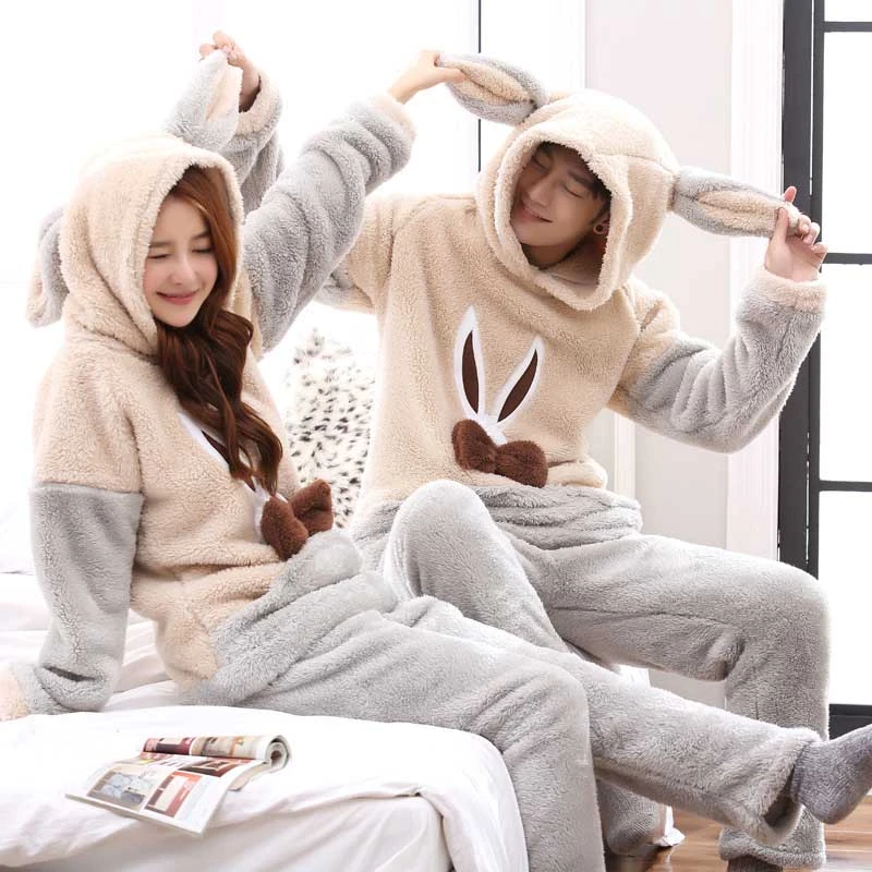 Unisex Adult Couple Pajamas Men Winter Velvet Sleepwear 2 Pieces Warm Flannel Pajamas Suit Set Animal Cartoon Cute Home Clothes mens sleep wear