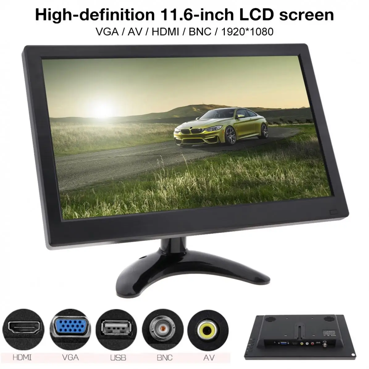 

11.6 Inch HD 1920x1080 IPS TFT LCD Color Monitor Mini TV Computer MP5 Player 2 Channel Video Input Security Speaker AV BNC VGA