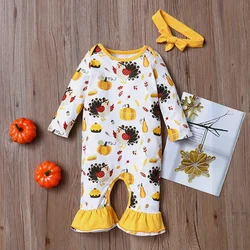 New Thanksgiving Day Baby Clothes Cartoon Turkey Flared Long Sleeve Baby Rompers+headband 2 Pcs Baby Playsuit Spring Fall 0-18M