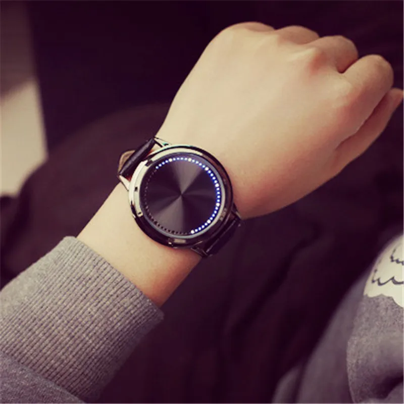 Мужские светодиодные часы с сенсорной панелью уникальные часы с узором дерева простой черный циферблат 60 синий свет часы кожа reloj hombre