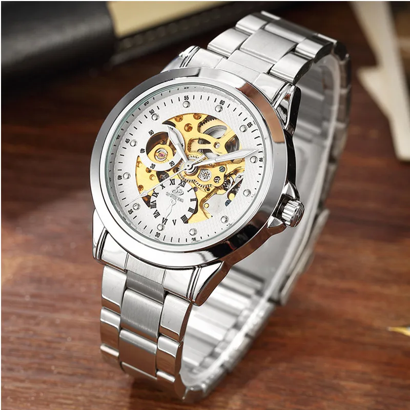 Gorben Silver Stainless Steel Band Mechanical Automatic Watch Self Wind Men's Mechanical Watches Sport Military Wristwatch