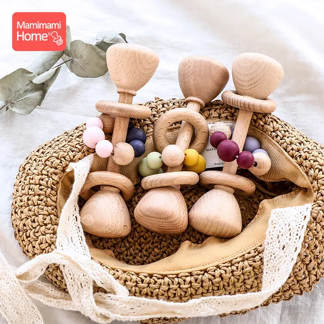 1pc Baby Teether Wooden Music Rattle BPA Free Wooden Gym Ring Rodent Silicone Beads Newborn Educational Montessori Toys For Kids 1