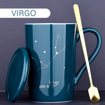 

Ceramic Mugs 12 Constellations Creative Mugs with Spoon Lid Black and Gold Porcelain Zodiac Milk Coffee Cup Drinkware