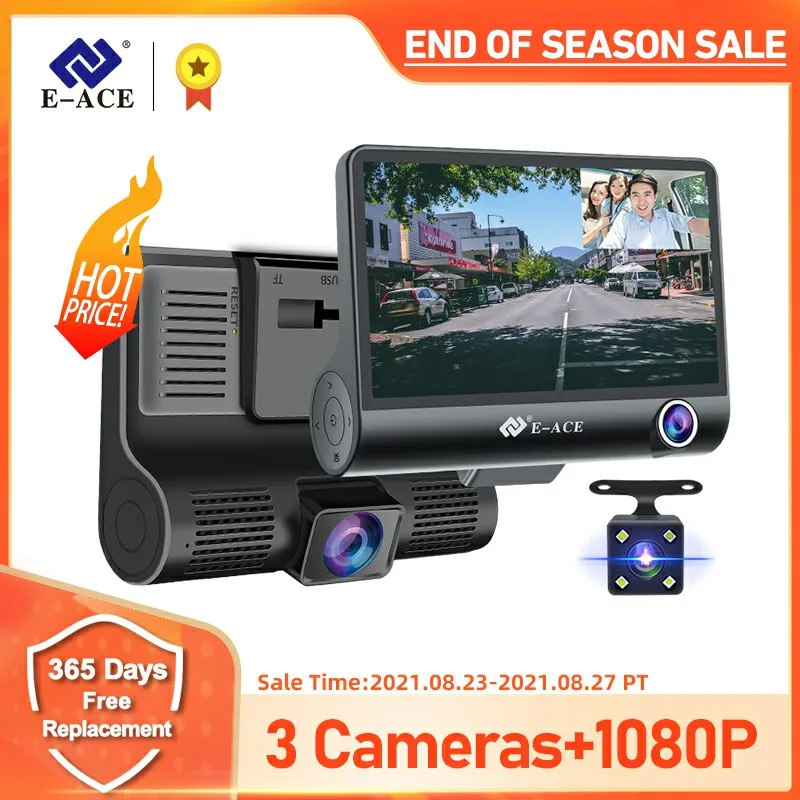 HOT SALES! E-ACE Car DVR 3 Cameras Lens 4.0 Inch Dash Camera Dual Lens suppor Rearview Camera Video Recorder Auto Registrator Dvrs Dash Cam