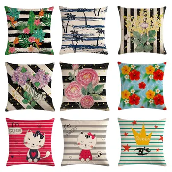 

Flowers Printed Cushion Cover Cotton Linen Decorative plan Pillow Covers for Sofa Car Home Decor 45x45cm Strip Pillowcase