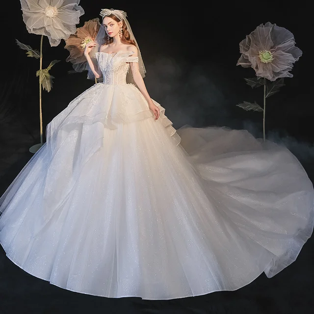 HLF27 Wedding Dresses Off The Shoulder Lace Up Back Short Sleeve Beading Crystal Ball Gown Vestido De Casamento فساتين زفاف 3
