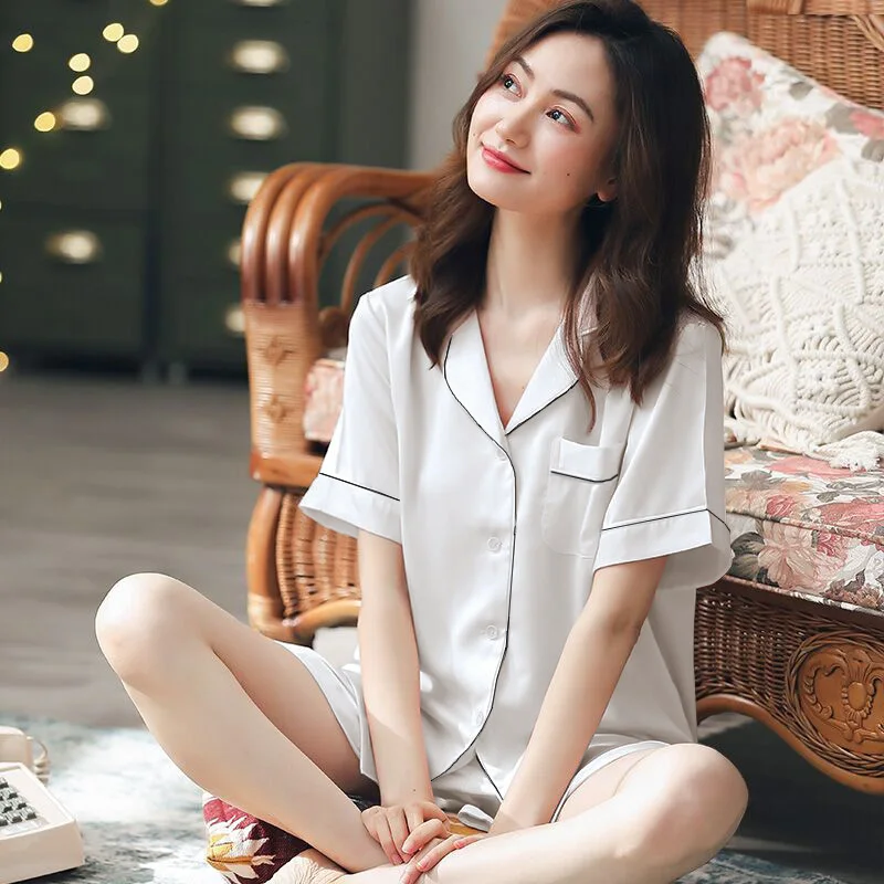 Summer Silk Satin Pajamas Women Pyjamas Short Sleeve+Short Pants Sleepwear Ice-Silk Nightwear Satin Pijamas  Home Clothes