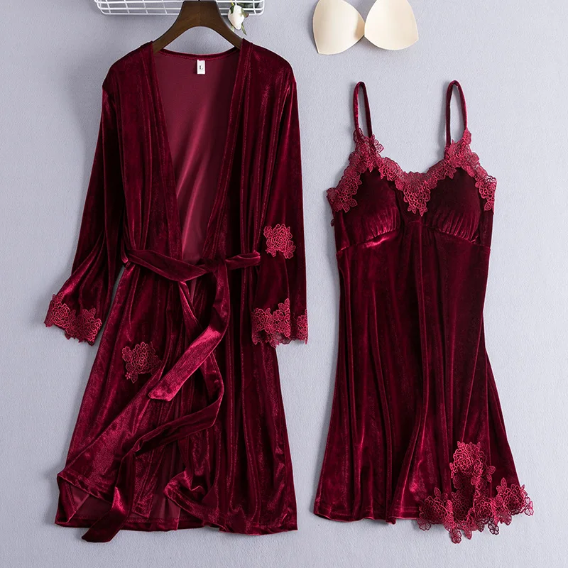

Burgundy 2PCS Young Lady Velour Robe Set Autumn Winter Sleepwear Home Dressing Gown Velvet Kimono Bathrobe Gown Nightgown