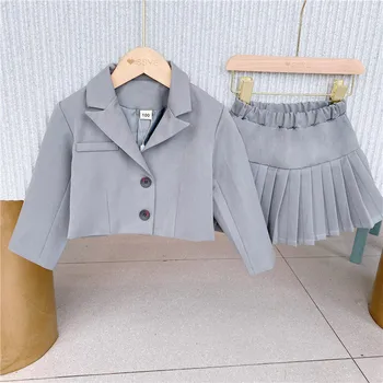 

Girls Blazers Jackets Outfits Autumn Grey Coats+skirts Children's Clothes Outfits Baby Girls Pleated Skirts Kids Outwear Coats