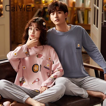 

CAIYIER Cotton Cartoon Winter Couple Pajamas Set O-Neck Casual Nightwear Long Sleeve Top + Long Pants Sleepwear Lovers Homewear