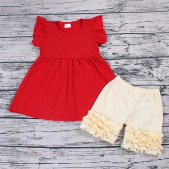 

Red Solid Ruffle Summer Outfit Children Girls Clothing Casual Set Kids Soft Cotton Baby Clothes