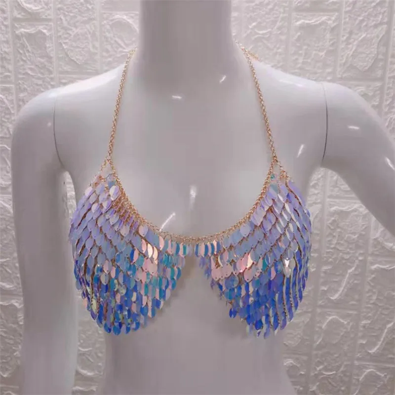 FestivalQueen, Boho, сексуальные, ручная работа, грудь, накидка, топ, модные, Преувеличенные, рыбья чешуя, с блестками, вечерние, Клубные, кроп-топы