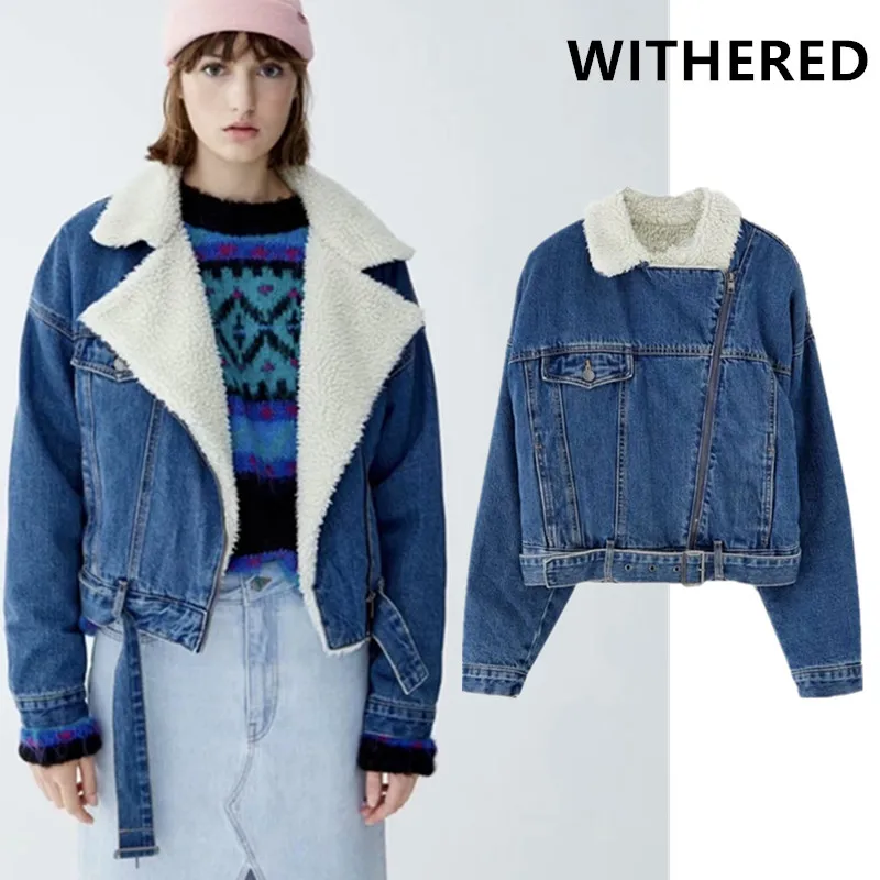 Увядшая engand high street винтажная негабаритная на молнии овечья шерсть теплая джинсовая куртка для женщин casaco feminino jaqueta feminina пальто Топы