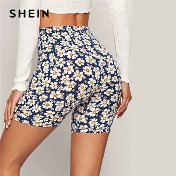 Женские многоцветные шорты SHEIN с принтом ромашки, летние пляжные шорты для отдыха, повседневные эластичные байкерские шорты с эластичным по...