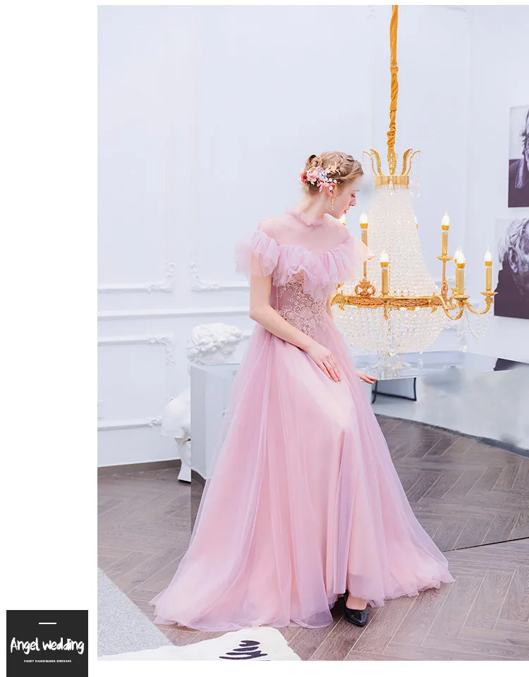 Розовое платье на выпускной vestido de festa, с аппликацией на высоком вороте, кружевное длинное вечернее платье для выпускного вечера, vestido de festa longo - Цвет: As Picture