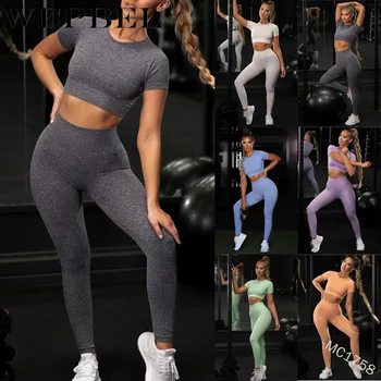 

WEPBEL High Waist Slim Leggings Two Pieces Set Ladies Tracksuit Women's Fashion Yoga Sports Suits Tank Crop Top