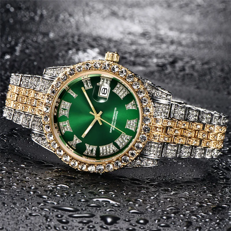 Full Diamond Men Watches Stainless Steel Calendar Watch Luxury Quartz Wristwatch For Man Fashion Male Clock relogio masculino