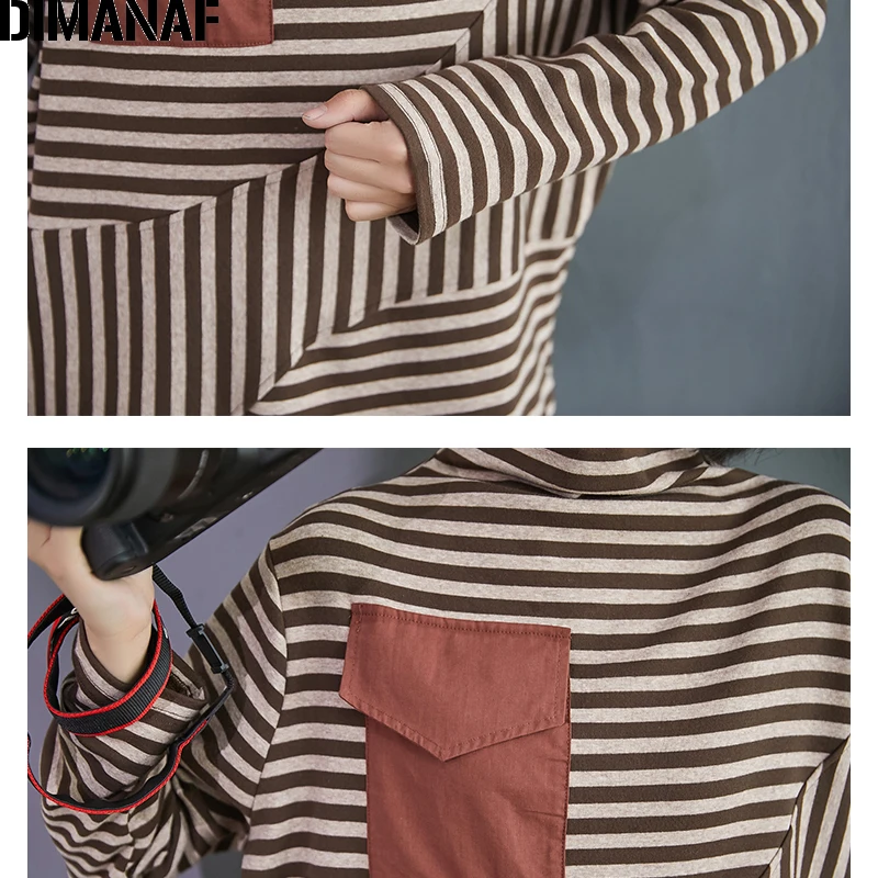 DIMANAF Plus Size Women T-Shirt Long Sleeve Tops Tunic Tees Striped Print Cotton Loose Autumn Winter tshirt Women Clothing M-2XL