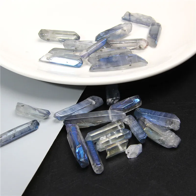 10 шт. синий серый титановый кристалл кварца топ просверленные точки кулон бусины натуральный грубый камень кристалл столб палочки бусины ювелирные изделия