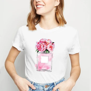 

Female T-Shirt Flower Perfume Bottle Print T Shirt Funny Graphic Short Sleeve Tshirt Casual Sweet Girls Tee Tops Women Clothes