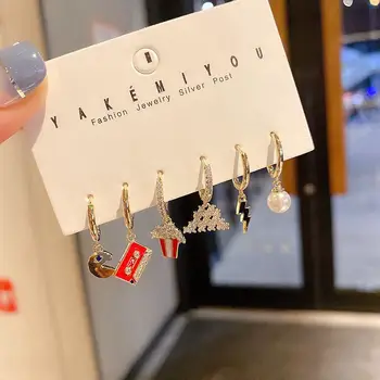 

High-end Cubic Zirconia Dangle Earrings Unique Design 6pcs Gold Color Crystal Women Earrings Set Jewelry