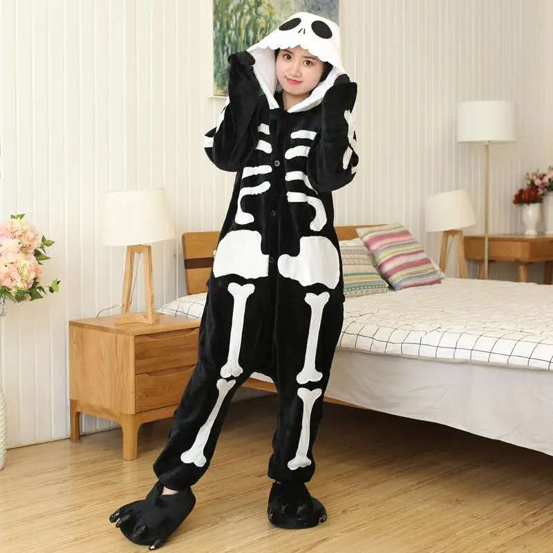 Skeleton FL Зимние пижамы в виде животных; одежда для сна; Детские пижамы кигуруми с единорогом; комплекты комбинезонов для женщин и мужчин; унисекс; фланелевая ночная рубашка для взрослых; комбинезоны - Цвет: Skeleton FL