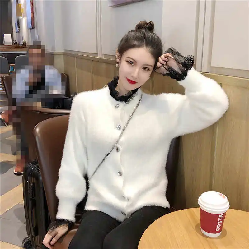 WHITNEY WANG Autumn Winter Fashion Streetwear Diamonds Buttons Mohair Cardigan Women Sweater Jumper sueter mujer invierno