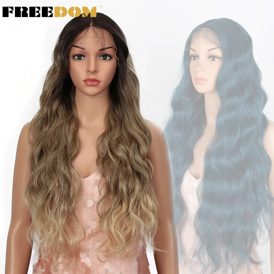 FREEDOM Synthetic Lace Wigs For Black Women Long Wavy 30 Inches Cosplay Wigs Ombre Blond Purple Blue Deep Part Women's Lace Wigs